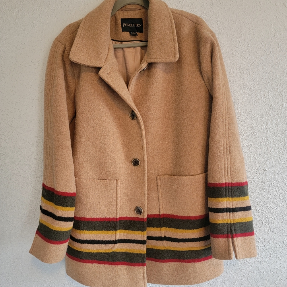 Pendleton Camel Wool Pea Coat with Multicolor Stripes